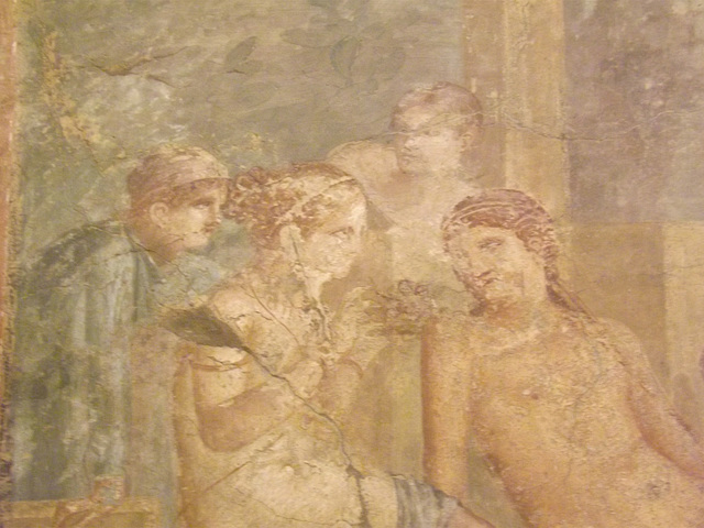 Detail of a Wall Painting with Aphrodite Giving a Nest of Cupids to a Hunter from Pompeii in the Naples Archaeological Museum, July 2012