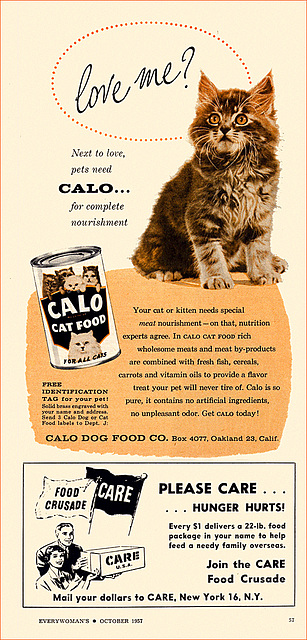 Calo Catfood/Care Food Drive Ads, 1957