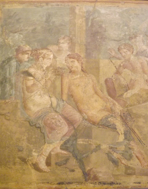 Detail of a Wall Painting with Aphrodite Giving a Nest of Cupids to a Hunter from Pompeii in the Naples Archaeological Museum, July 2012