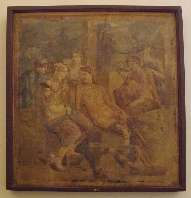 Wall Painting with Aphrodite Giving a Nest of Cupids to a Hunter from Pompeii in the Naples Archaeological Museum, July 2012