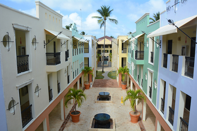 Dominican Republic, Narrow Street Passage between Cottages at the Ocean Blue & Sand Hotel