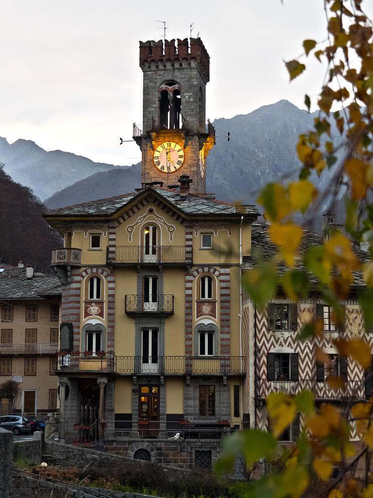 The Tower and the Town Hall of Rosazza (Biella) at the first light of the evening