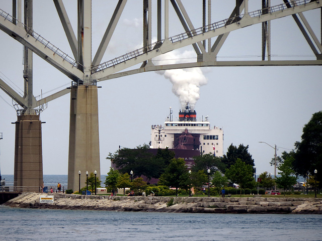 Hugging the Canadian shore is the Paul R. Tregurtha, 1013 ft long with a 68,000 ton capacity.