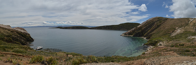 Bolivia, Titicaca Lake, Panorama of Santiago Pampa Bay of the Island of the Sun
