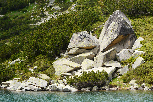 Bulgaria, Pirin Mountains, Stone Blocks on the Shore of the Fish Lake