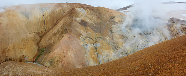 Iceland, Sulfur Fumes above the Slopes of Kerlingarfjöll and also Bright Red Rivulet at the Left