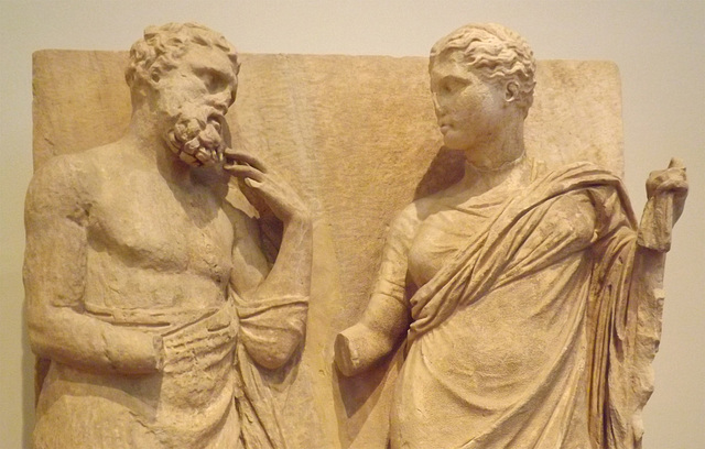 Detail of a Grave Relief of a Man and Woman from Rhamnous in the National Archaeological Museum in Athens, May 2014
