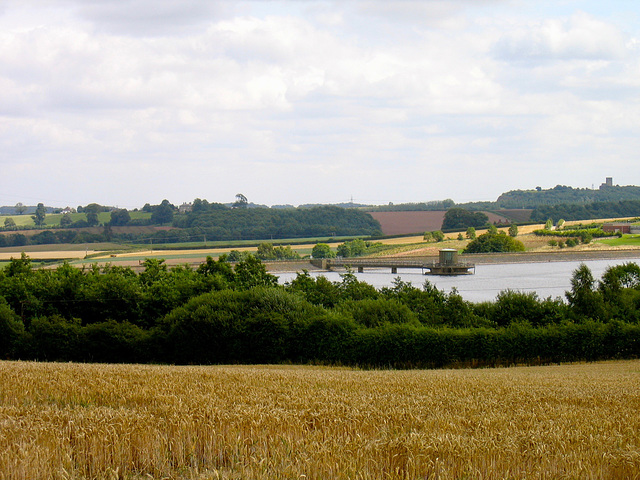 Looking over Staunton Harold Reservoir to the Priory Church of St Mary and St Hardulph at Breedon on the Hill on the left