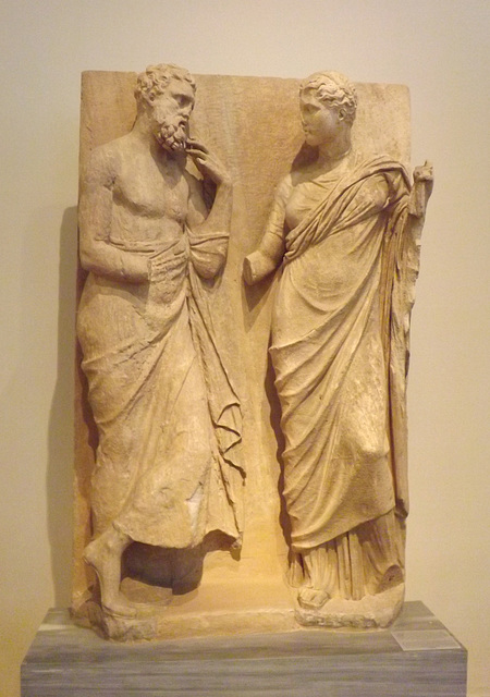 Grave Relief of a Man and Woman from Rhamnous in the National Archaeological Museum in Athens, May 2014