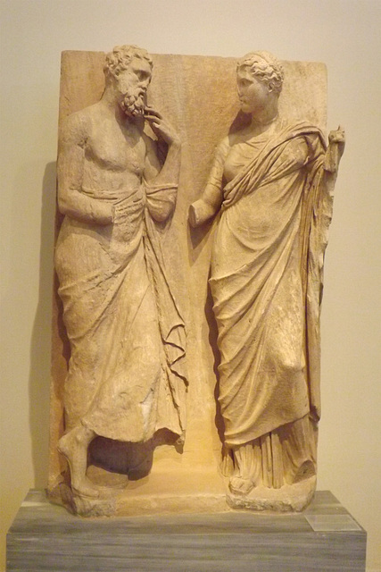 Grave Relief of a Man and Woman from Rhamnous in the National Archaeological Museum in Athens, May 2014