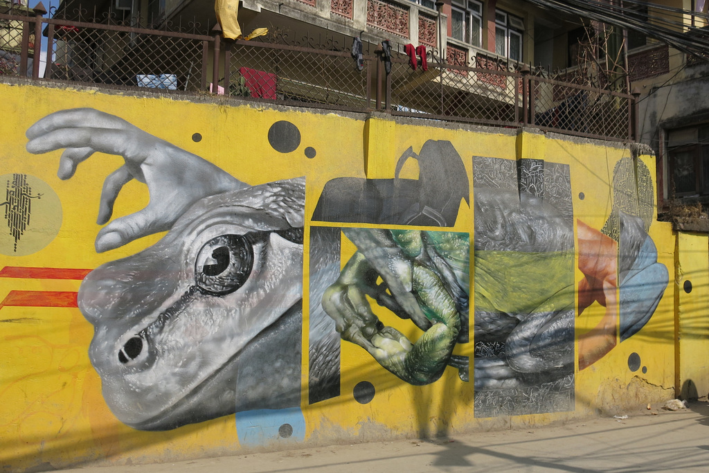 Mur peint, en face du Ghyoilisang Peace Park, Boudhanath = Bodnath, à côté de Kathmandu (Népal)