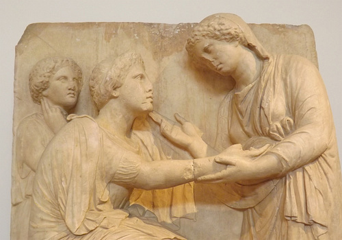 Detail of a Grave Stele found near Omonia Square in Athens in the National Archaeological Museum in Athens, May 2014