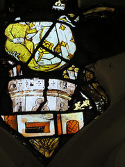 bartlow church, cambs, glass fragments with part of a virgin with rose and child