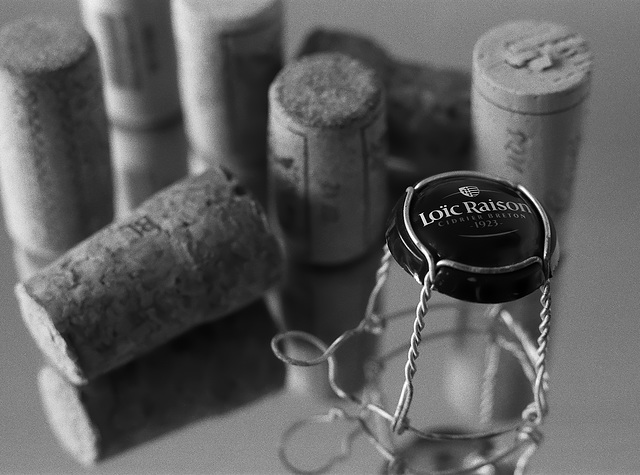 Still life with corks and bottle top