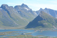 Norway, Lofoten Islands, Mountains of the Island of Flakstadøya and the Road to the Ytresand Beach