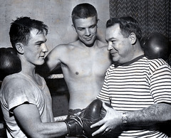 Jim Sticka (left) Welterweight, Bob Christopherson (centre), Middleweight and Coach Jim Easton, November 16th 1955
