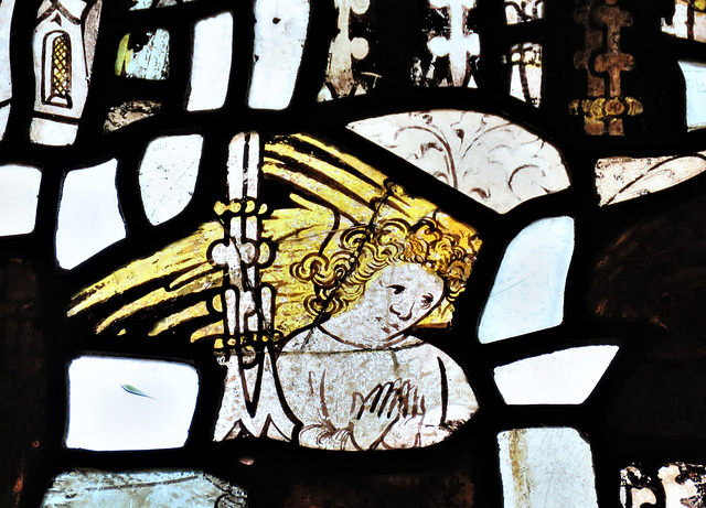 ashdon church, essex , c15 angel in glass