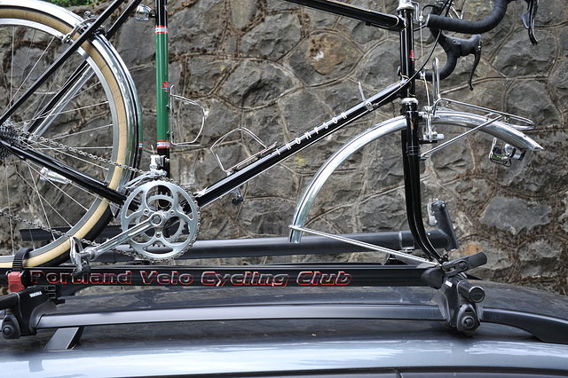 Bike can be carried on a roof rack only when lower fender is removed.