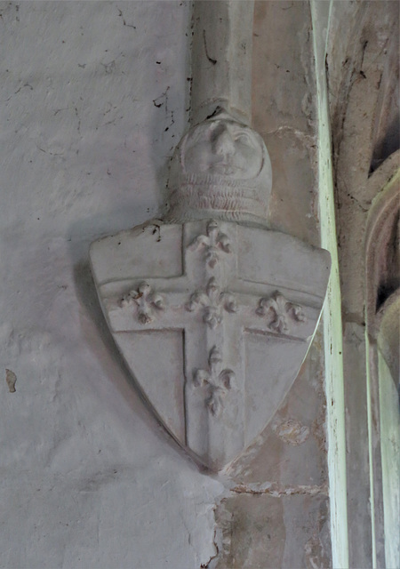 ashdon church, essex ,c14headstop with heraldry in south chapel (1)