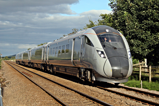 With a friendly wave from the Driver Hitachi class 802 AT300 (Nova 1) 802204 running as 5T57 18.00 Scarborough - York ( on test) at Weaverthorpe Crossing 15th August 2019.