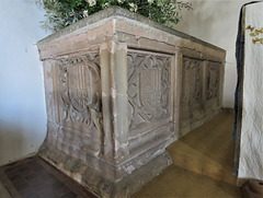 ashdon church, essex, early c16 tomb with heraldry of of thomas and anne tyrrell