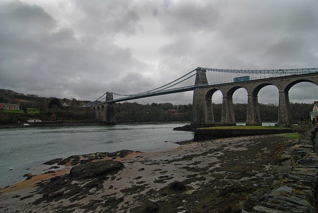 Menai suspension bridge connecting the island of Anglesey with the main land Wales