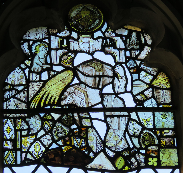 ashdon church, essex , glass fragments inc. c15 dragon, knight, angel