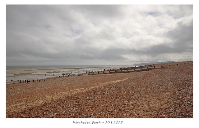 Winchelsea Beach shingle, sand, groynes & sky 10 8 2015