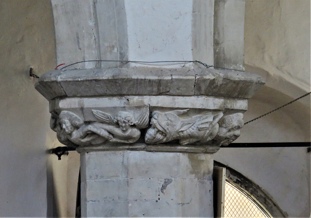 great bromley church, essex (16) c14 capital on south arcade with dragon eating cleric