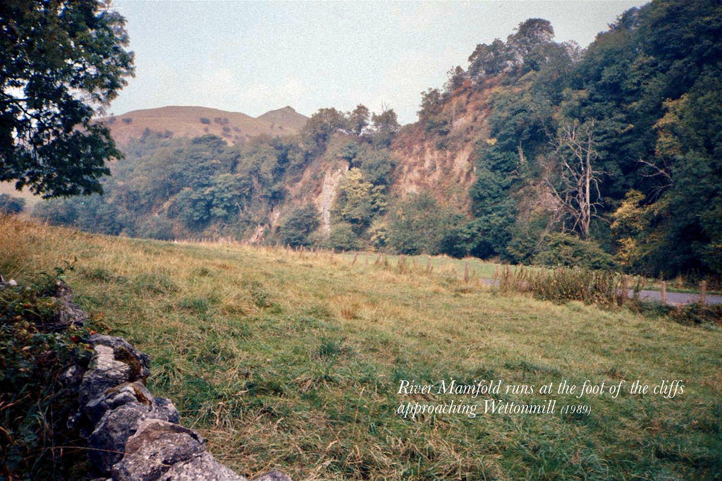 The River Manifold runs at the foot of the cliffs approaching Wetton Mill (Scan from 1989)