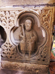 exeter cathedral, devon,west end of c13 chest tomb , currently under bishop marshall