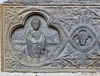 exeter cathedral, devon,aisle front of c13 chest tomb , currently under bishop marshall