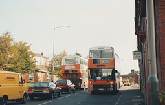 GM Buses 8091 (BVR 91T) and 8148 (MNC 491W) in Rochdale - 18 Oct 1991 154-12