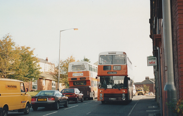 GM Buses 8091 (BVR 91T) and 8148 (MNC 491W) in Rochdale - 18 Oct 1991 154-12