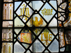 great dunmow church, essex,c16  glass quarries, some heraldic, with ihc upside down!