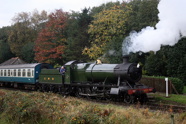 GWR 2800 class 2-8-0 2857 with 1G51 09.30. Bury - Rawtenstall departing Irwell Vale 19th October 2018.(ELR)