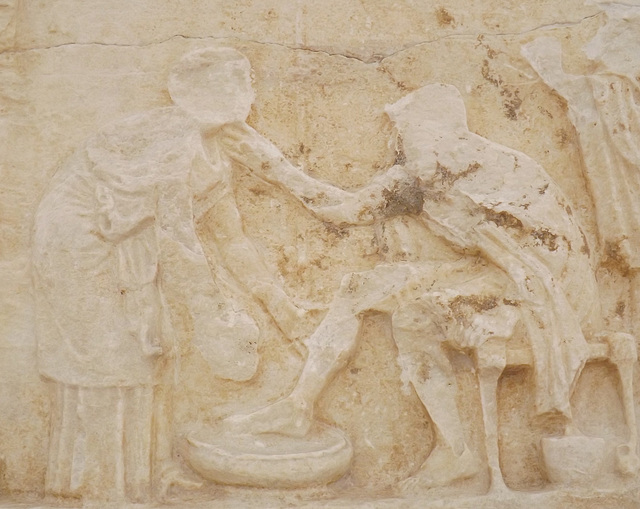 Detail of the Votive Relief with Odysseus and Eurykleia in the National Archaeological Museum in Athens, May 2014