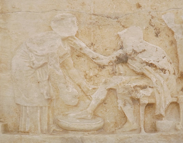 Detail of the Votive Relief with Odysseus and Eurykleia in the National Archaeological Museum in Athens, May 2014