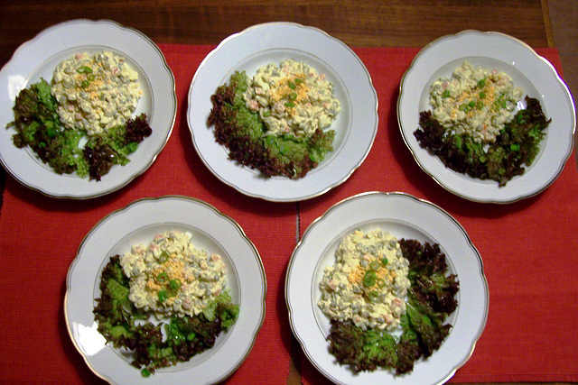 Russian Olivier Salad, served here accompanied by some Lollo Rosso