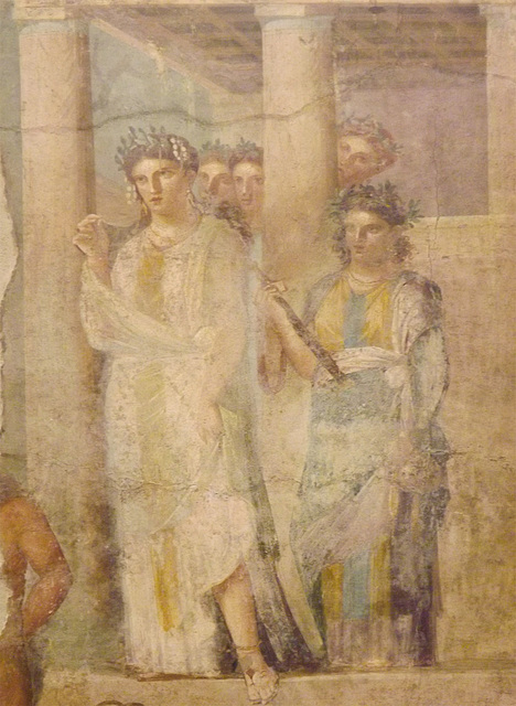 Detail of a Wall Painting with Iphigenia Leaving the Temple of Artemis to Meet Orestes and Pylades from Pompeii in the Naples Archaeological Museum, July 2012