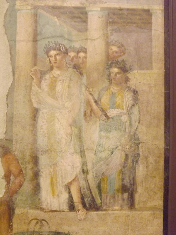 Detail of a Wall Painting with Iphigenia Leaving the Temple of Artemis to Meet Orestes and Pylades from Pompeii in the Naples Archaeological Museum, July 2012