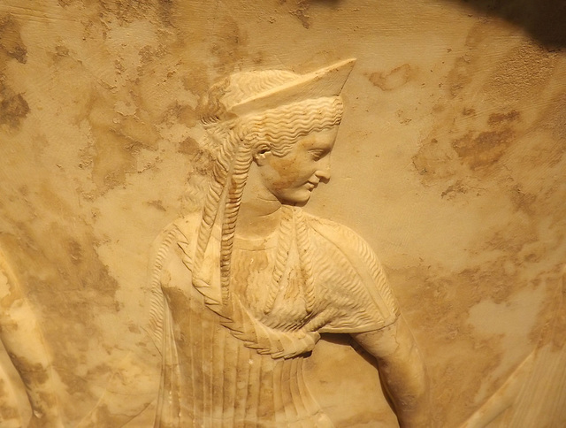 Detail of a Marble Vase in the Shape of a Calyx Krater found in Athens in the National Archaeological Museum in Athens, May 2014