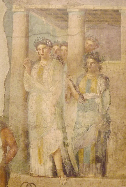 Detail of a Wall Painting with Iphigenia Leaving the Temple of Artemis to Meet Orestes and Pylades from Pompeii in the Naples Archaeological Museum, July 2012