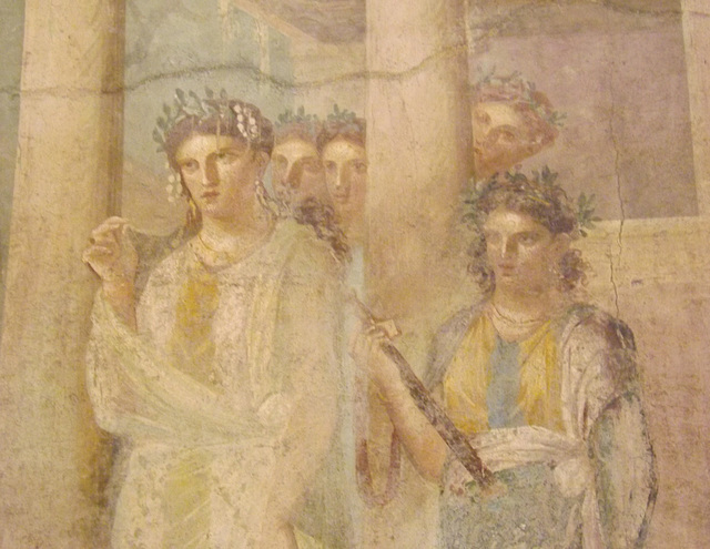 Detail of a Wall Painting with Iphigenia Leaving the Temple of Artemis to Meet Orestes and Pylades from Pompeii in the Naples Archaeological Museum, July 2012