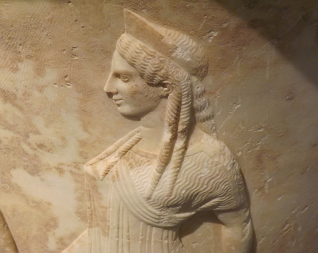 Detail of a Marble Vase in the Shape of a Calyx Krater found in Athens in the National Archaeological Museum in Athens, May 2014