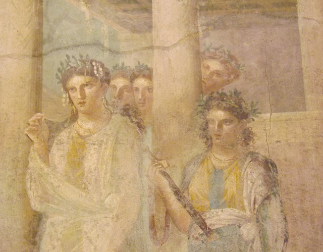 Detail of a Wall Painting with Iphigenia Leaving the Temple of Artemis to Meet Orestes and Pylades from Pompeii in the Naples Archaeological Museum, July 2012