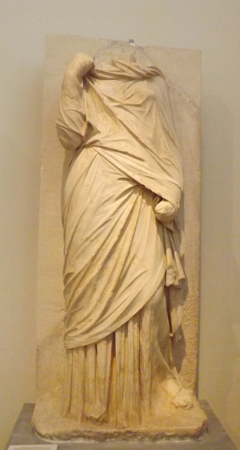 Grave Relief from the Kerameikos with a Woman in a Chiton and Himation in the National Archaeological Museum in Athens, May 2014