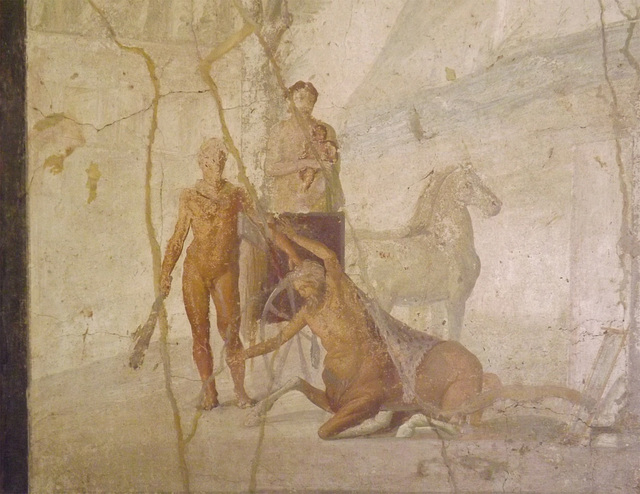 Detail of the Wall Painting with Hercules Grabbing the Centaur Nessus in the Naples Archaeological Museum, July 2012
