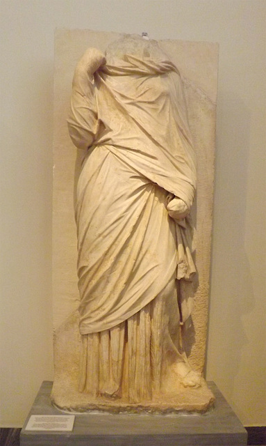 Grave Relief from the Kerameikos with a Woman in a Chiton and Himation in the National Archaeological Museum in Athens, May 2014