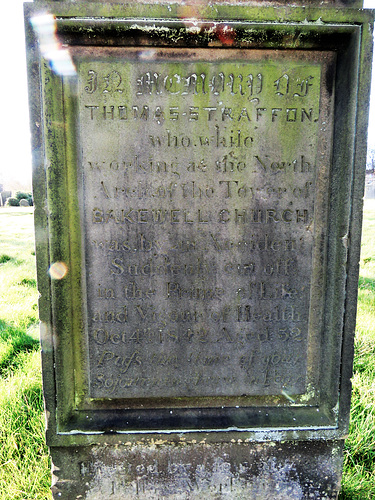 bakewell  church, derbs (3)gravestone of c19 mason thomas straffon  killed accidentally 1842 whilst rebuilding the north crossing arch of this church